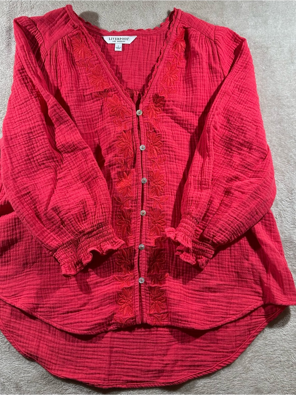 Liverpool Red Button-Front Gauze Blouse with Floral Embroidery